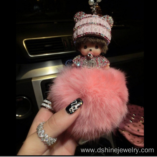 Diamond Monchichi Rabbit Fur Pom Pom Keychain For Key Bag